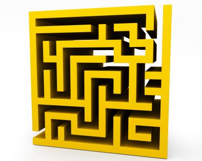 Yellow maze in square shape showing problem solving stock photo