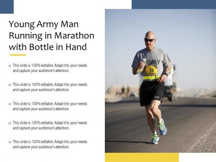 Young army man running in marathon with bottle in hand