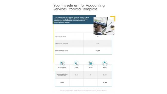 Your Investment For Accounting Services Proposal Template One Pager Sample Example Document