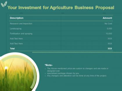 Your investment for agriculture business proposal ppt powerpoint presentation gallery