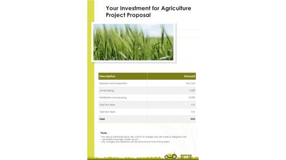 Your Investment For Agriculture Project Proposal One Pager Sample Example Document