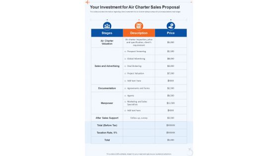 Your Investment For Air Charter Sales Proposal One Pager Sample Example Document