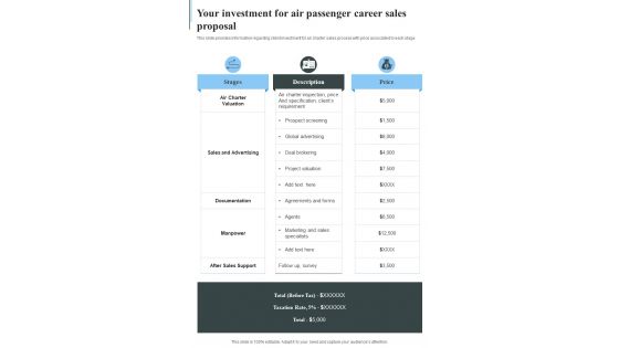 Your Investment For Air Passenger Career Sales Proposal One Pager Sample Example Document