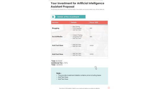 Your Investment For Artificial Intelligence Assistant Proposal One Pager Sample Example Document