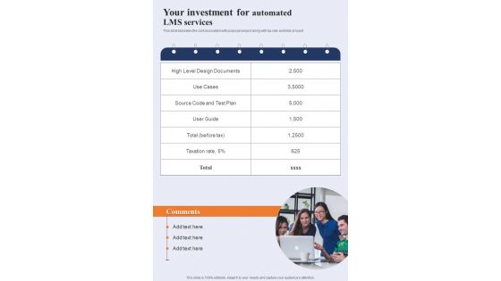 Your Investment For Automated LMS Services One Pager Sample Example Document