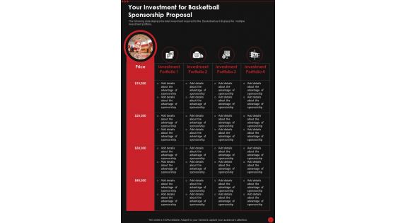 Your Investment For Basketball Sponsorship Proposal One Pager Sample Example Document