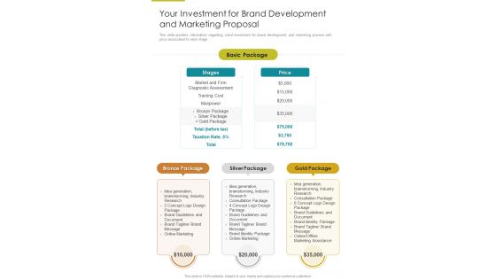 Your Investment For Brand Development And Marketing Proposal One Pager Sample Example Document