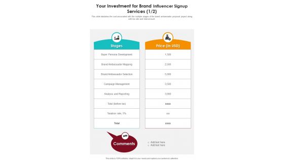 Your Investment For Brand Influencer Signup Services One Pager Sample Example Document