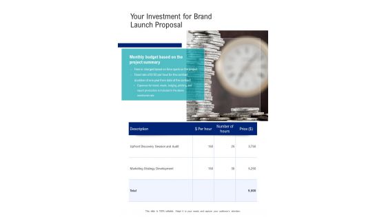 Your Investment For Brand Launch Proposal One Pager Sample Example Document