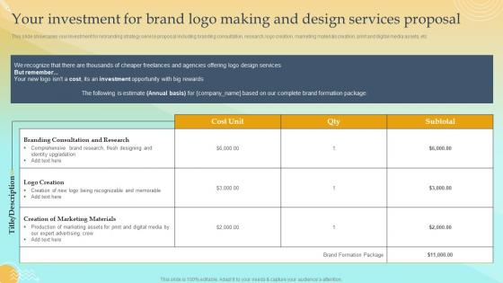 Your Investment For Brand Logo Making And Design Services Proposal