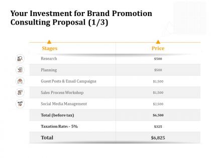 Your investment for brand promotion consulting proposal research ppt slide
