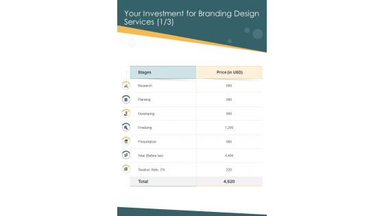 Your Investment For Branding Design Services One Pager Sample Example Document