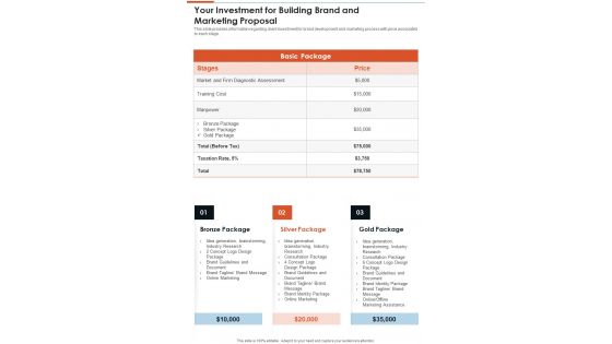 Your Investment For Building Brand And Marketing Proposal One Pager Sample Example Document