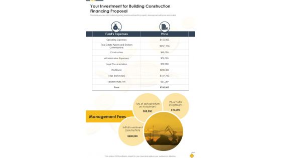Your Investment For Building Construction Financing Proposal One Pager Sample Example Document