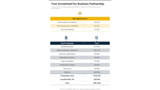 Your Investment For Business Partnership One Pager Sample Example Document