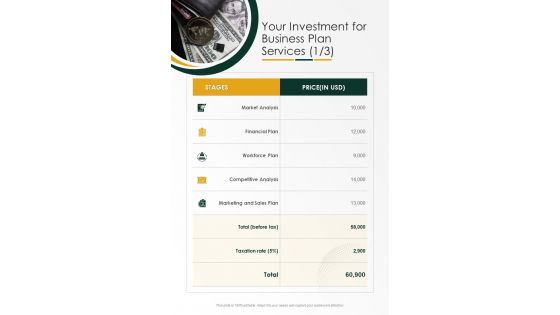 Your Investment For Business Plan Services One Pager Sample Example Document