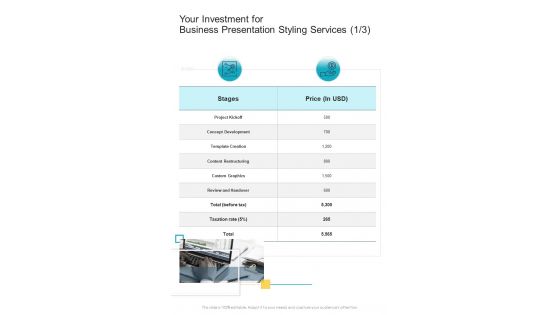 Your Investment For Business Presentation Styling Services One Pager Sample Example Document