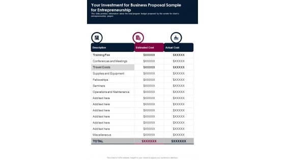 Your Investment For Business Proposal Sample For Entrepreneurship One Pager Sample Example Document