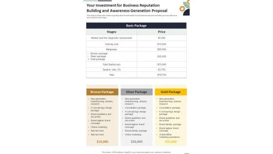 Your Investment For Business Reputation Building And Awareness One Pager Sample Example Document