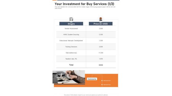 Your Investment For Buy Services One Pager Sample Example Document