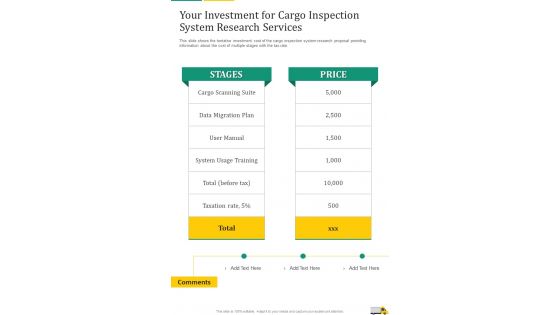 Your Investment For Cargo Inspection System Research Services One Pager Sample Example Document