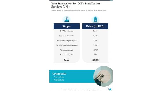 Your Investment For Cctv Installation Services One Pager Sample Example Document