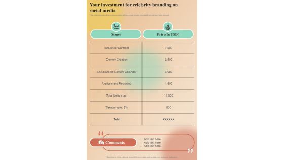 Your Investment For Celebrity Branding On Social Media One Pager Sample Example Document
