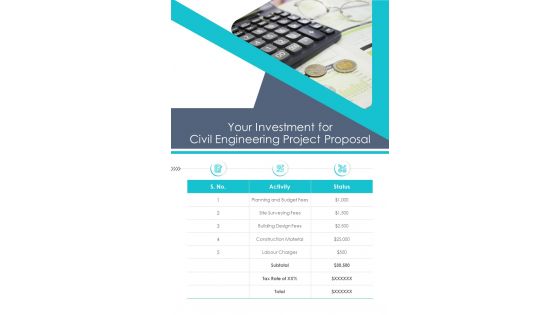 Your Investment For Civil Engineering Project Proposal One Pager Sample Example Document