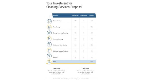 Your Investment For Cleaning Services Proposal One Pager Sample Example Document