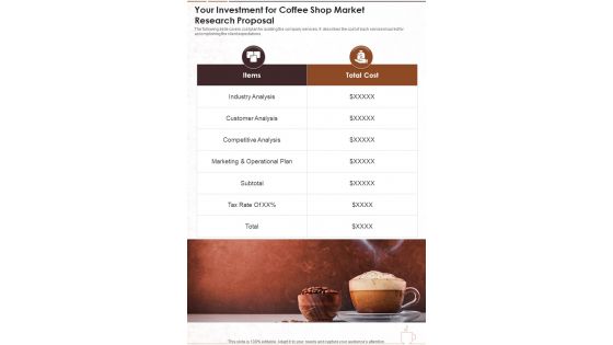Your Investment For Coffee Shop Market Research Proposal One Pager Sample Example Document