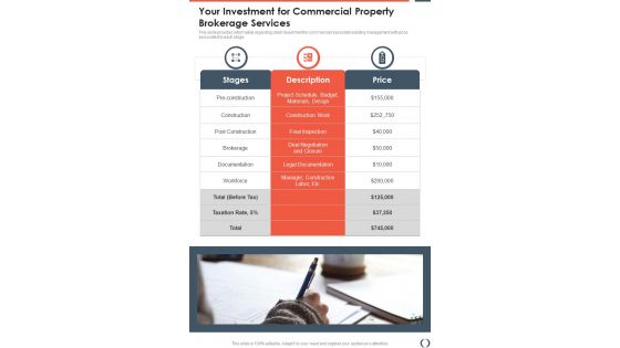 Your Investment For Commercial Property Brokerage Services One Pager Sample Example Document
