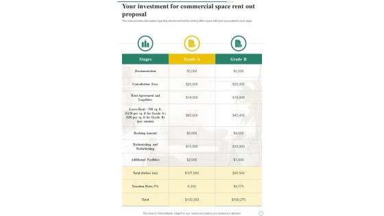 Your Investment For Commercial Space Rent Out Proposal One Pager Sample Example Document