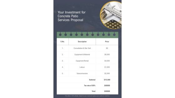 Your Investment For Concrete Patio Services Proposal One Pager Sample Example Document