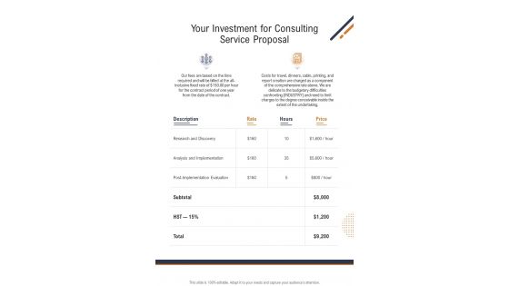 Your Investment For Consulting Service Proposal One Pager Sample Example Document