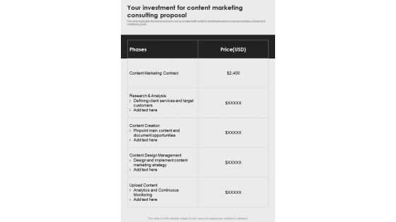 Your Investment For Content Marketing Consulting Proposal One Pager Sample Example Document