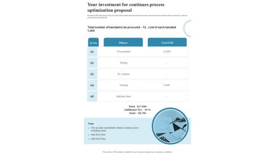 Your Investment For Continues Process Optimization Proposal One Pager Sample Example Document