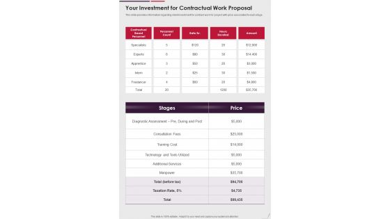 Your Investment For Contractual Work Proposal One Pager Sample Example Document
