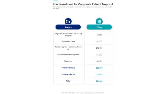 Your Investment For Corporate Retreat Proposal One Pager Sample Example Document