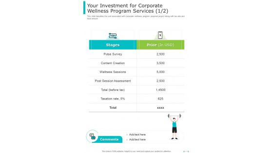 Your Investment For Corporate Wellness Program Services One Pager Sample Example Document