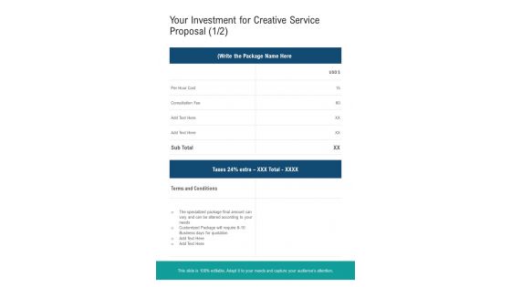 Your Investment For Creative Service Proposal One Pager Sample Example Document