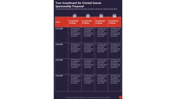Your Investment For Cricket Game Sponsorship Proposal One Pager Sample Example Document