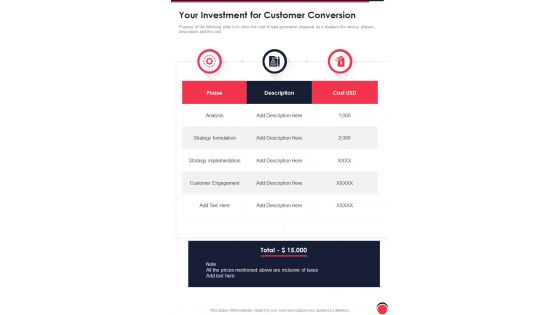 Your Investment For Customer Conversion One Pager Sample Example Document