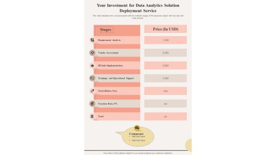 Your Investment For Data Analytics Solution Deployment One Pager Sample Example Document