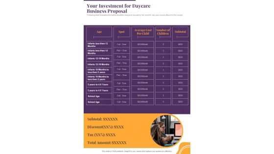 Your Investment For Daycare Business Proposal One Pager Sample Example Document