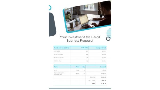 Your Investment For E Mail Business Proposal One Pager Sample Example Document