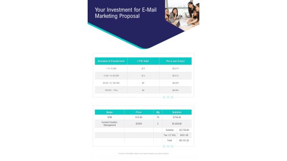 Your Investment For E Mail Marketing Proposal One Pager Sample Example Document