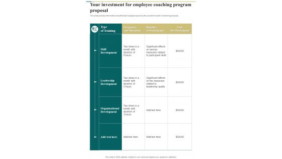 Your Investment For Employee Coaching Program Proposal One Pager Sample Example Document