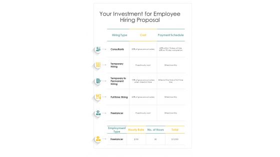 Your Investment For Employee Hiring Proposal One Pager Sample Example Document