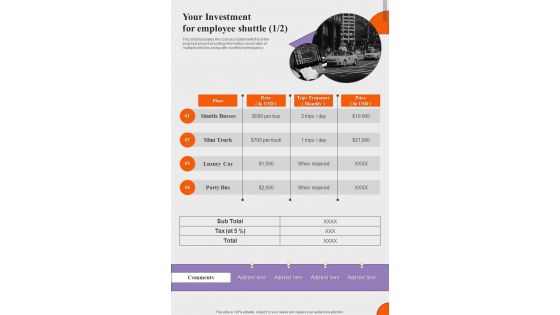 Your Investment For Employee Shuttle Proposal For Employee Shuttle One Pager Sample Example Document