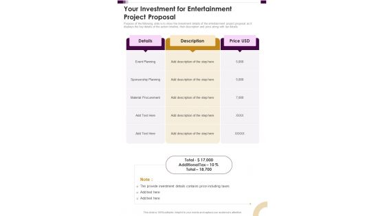 Your Investment For Entertainment Project Proposal One Pager Sample Example Document